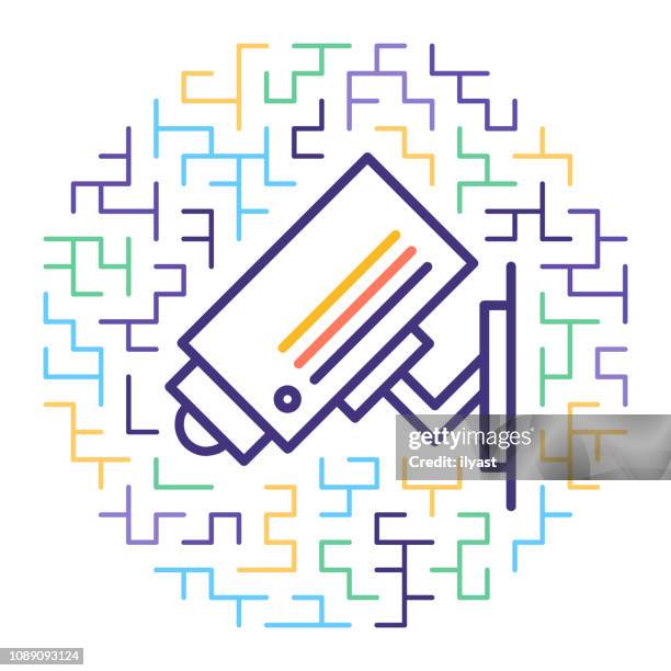 video surveillance software vector line icon illustration - camera warning signs stock illustrations