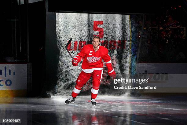 Nicklas Lidstrom of the Detroit Red Wings skates onto the ice during introductions for the Honda NHL Superskills part of the 2011 NHL All-Star...