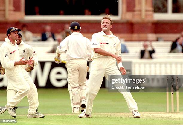 Allan Donald of Warwickshire celebrates the wicket of Gloucestershire's Tim Hancock during the Natwest Cup Final at Lord's in London. Gloucestershire...