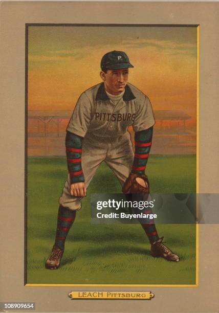 Illustrated trade card depicts American baseball infielder Tommy Leach of the Pittsburgh Pirates, 1911.