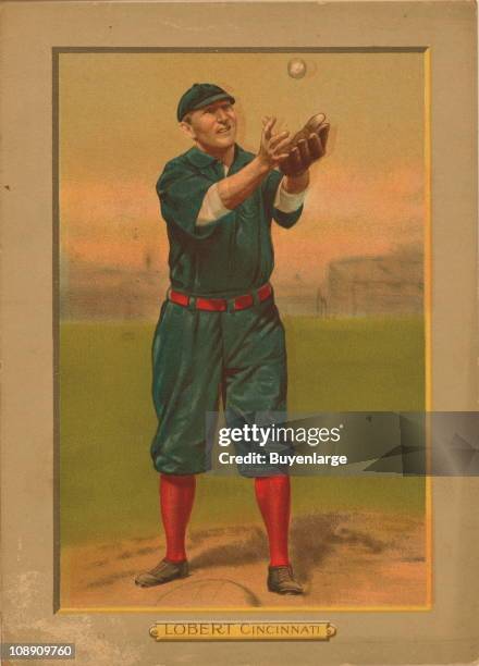 Illustrated trade card depicts American baseball infielder Hans Lobert of the Cincinnati Reds, 1911.