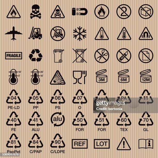 packaging symbols icon set - warning symbol stock illustrations