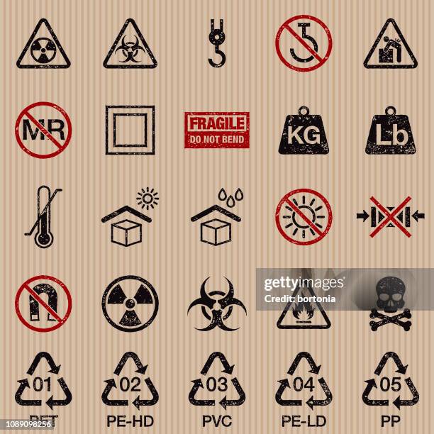 packaging symbols grunge icon set - lifting boxes warehouse stock illustrations