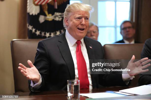 President Donald Trump talks to journalists during a meeting of his Cabinet in the Cabinet Room at the White House January 02, 2019 in Washington,...