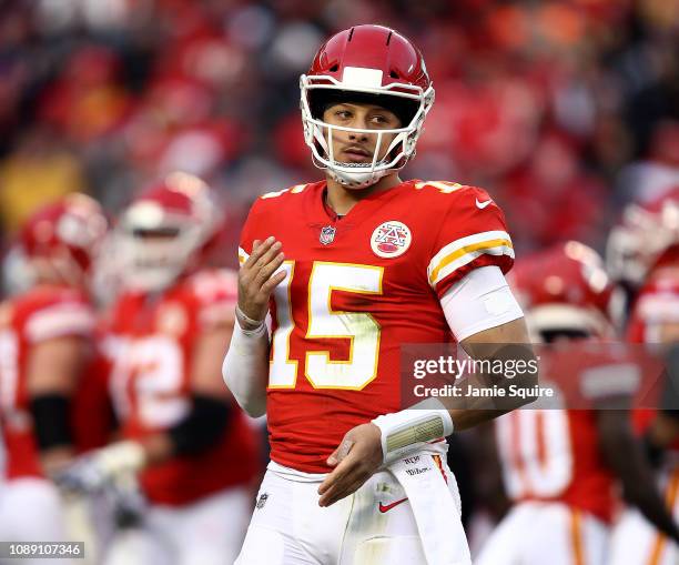 Quarterback Patrick Mahomes of the Kansas City Chiefs in action during the game against the Oakland Raiders at Arrowhead Stadium on December 30, 2018...