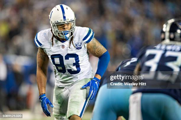 Jabaal Sheard of the Indianapolis Colts at the line of scrimmage during a game against the Tennessee Titans at Nissan Stadium on December 30, 2018 in...