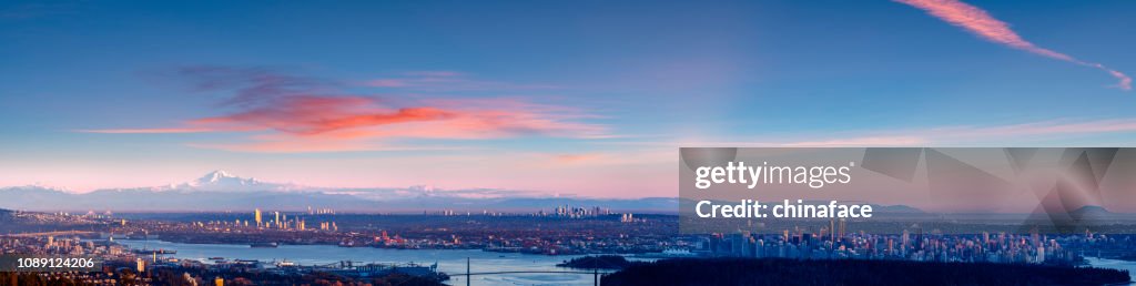 Panoramic aerial view of vancouver skyline at twilight