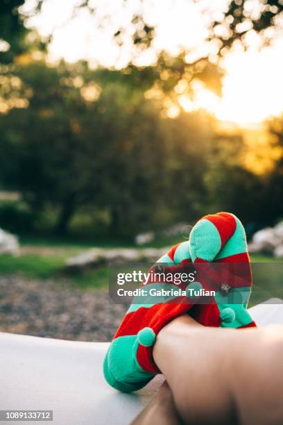 close up of elf shoes on christmas in summer - pantuflas stock pictures, royalty-free photos & images