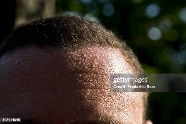 a man sweating, detail of forehead - sudor fotografías e imágenes de stock