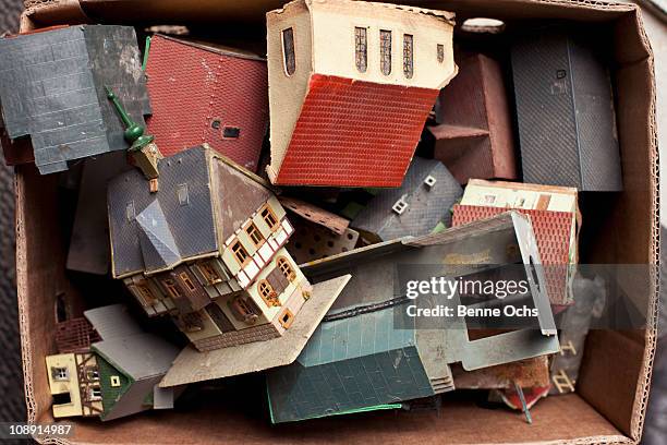 a box full of toy buildings - toy box mockup foto e immagini stock