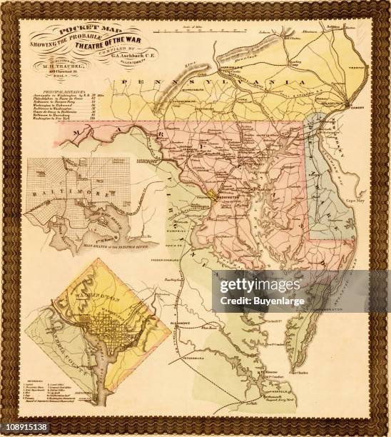 Pocket map showing the probable theater of war, 1861. Includes the states of Maryland, Delaware, and parts of Pennsylvania and Virginia. Illustration...