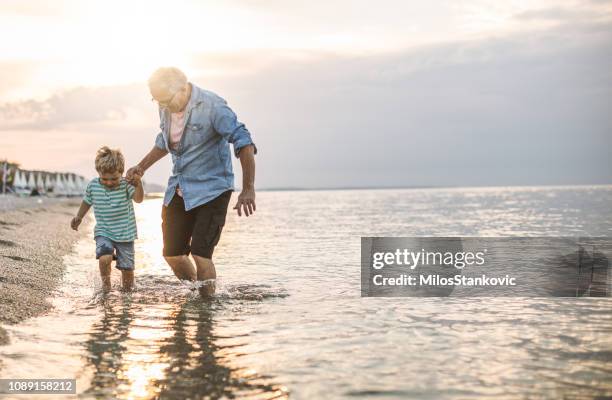 grand-père et son petit-fils à la plage - petit fils photos et images de collection