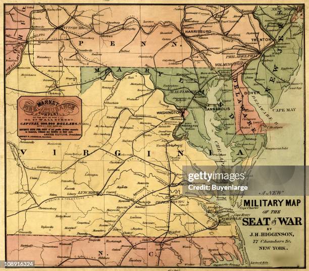 Military map of the United States showing eastern and central Virginia, Maryland, Delaware, southern Pennsylvania, and northern North Carolina with...