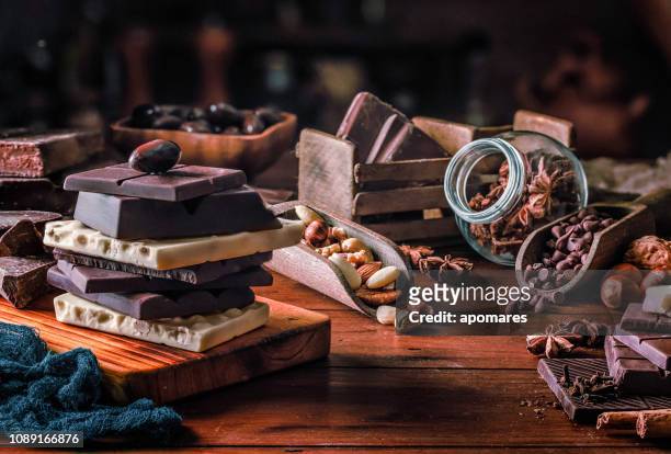 assorted chocolate, nuts and dried fruit in old fashioned style - chocolate stock pictures, royalty-free photos & images
