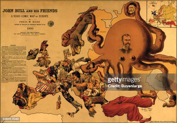 Caricature of European political relations titled 'John Bull and his friends, a serio-comic map of Europe' showing the Russian Empire as an octopus...