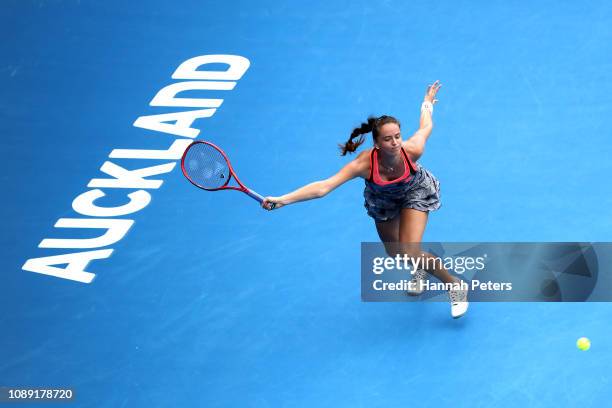 Viktoria Kuzmova of Slovakia plays a forehand during her round of 16 match against Sofia Kenin of USA on January 03, 2019 in Auckland, New Zealand.