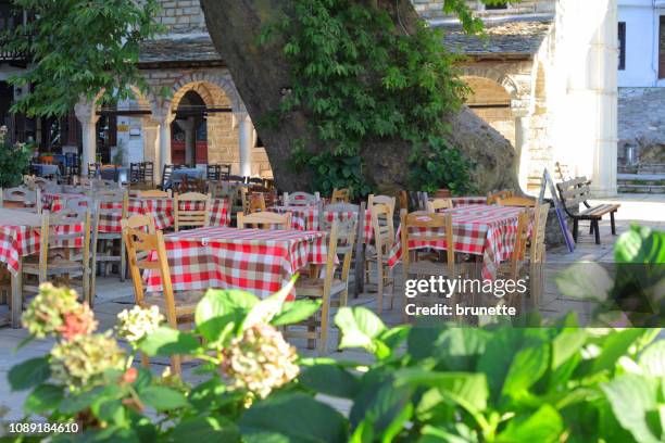 makrinitsa village square, pelion, greece - volos stock pictures, royalty-free photos & images