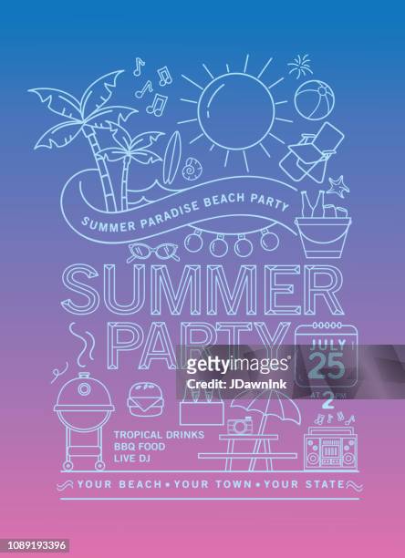 stockillustraties, clipart, cartoons en iconen met summer beach party uitnodiging ontwerpsjabloon met lijn kunst pictogrammen - strand party