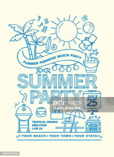 stockillustraties, clipart, cartoons en iconen met summer beach party uitnodiging ontwerpsjabloon met lijn kunst pictogrammen - sommer party