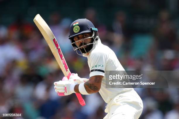 Virat Kohli of India bats during day one of the Fourth Test match in the series between Australia and India at Sydney Cricket Ground on January 03,...