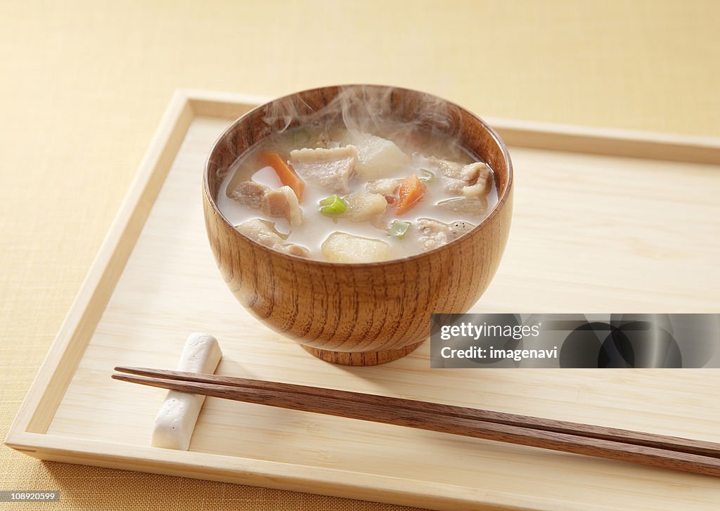 Miso soup with pork and vegetables