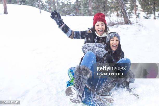 two best friends on a winter vacation. - family snow holiday stock pictures, royalty-free photos & images