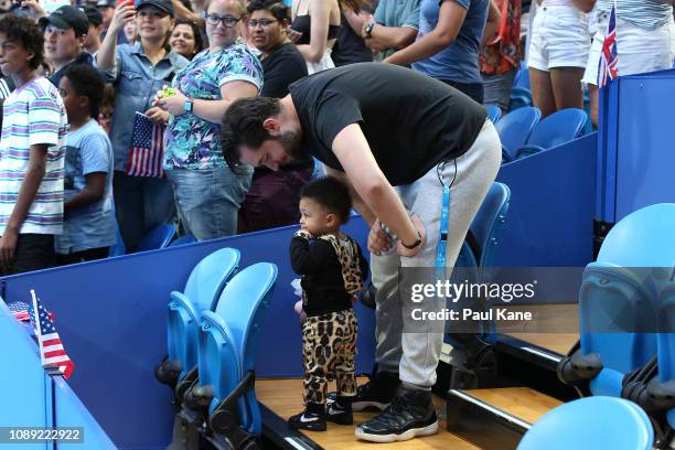 Serena Williams' husband Alexis Ohanian, talks to their daughter Alexis Olympia Ohanian Jr. Following the women's singles match between Serena...