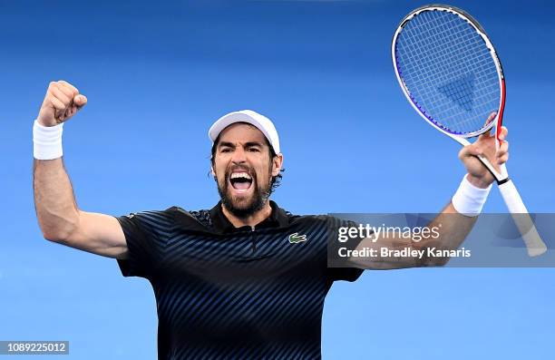 Jeremy Chardy of France celebrates after winning the match against Yasutaka Uchiyama of Japan during day five of the 2019 Brisbane International at...