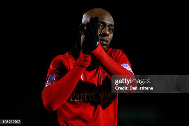 Terrell Forbes of Leyton Orient applauds the fans after the npower League One match between Leyton Orient and Swindon Town at Matchroom Stadium on...