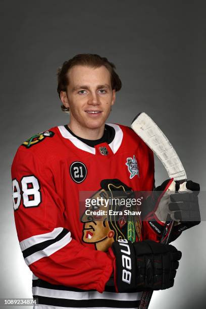 Patrick Kane of the Chicago Blackhawks poses for a portrait during the 2019 NHL All-Star weekend at SAP Center on January 25, 2019 in San Jose,...
