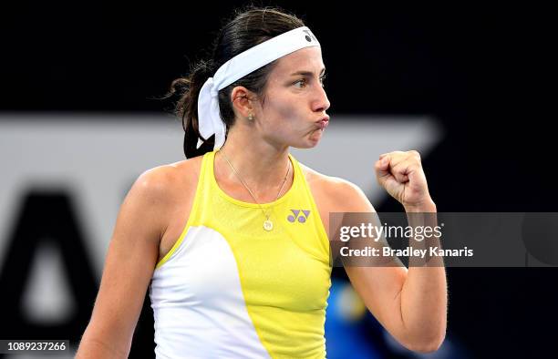 Anastasija Sevastova of Latvia celebrates after winning the first set in her match against Naomi Osaka of Japan during day five of the 2019 Brisbane...