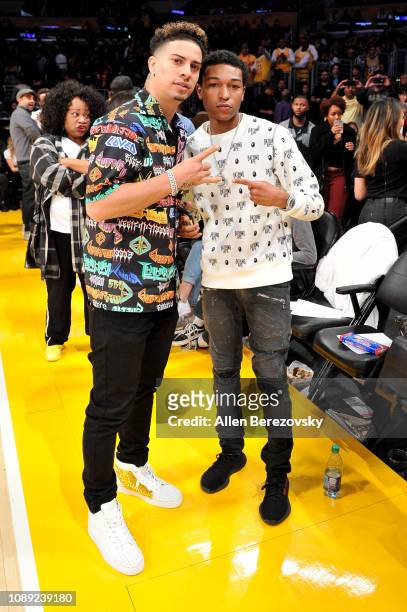 Austin McBroom and Koraun Mayweather attend a basketball game between the Los Angeles Lakers and the Oklahoma City Thunder at Staples Center on...