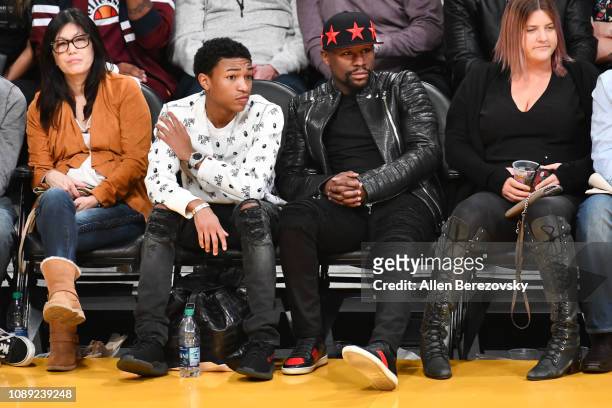 Floyd Mayweather Jr. And Koraun Mayweather attend a basketball game between the Los Angeles Lakers and the Oklahoma City Thunder at Staples Center on...