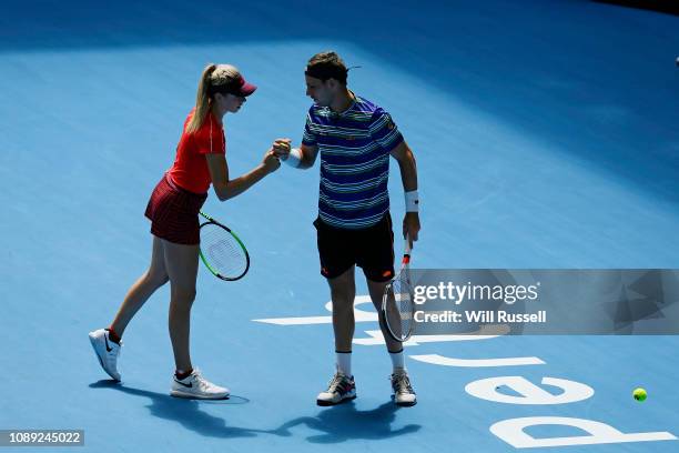 Katie Boulter and Cameron Norrie of Great Britain celebrate a point in the mixed doubles match against Serena Williams and Frances Tiafoe of the...