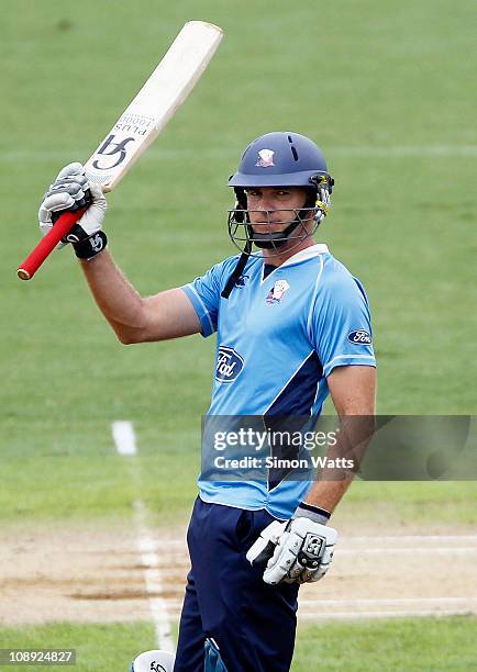 Tim McIntosh of the Aces celebrates his 150 runs during the one day semi final match between Auckland and Otago at Colin Maiden Park on February 9,...