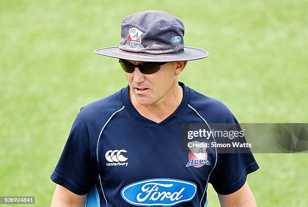 Coach of the Aces Paul Strang looks on during the one day semi final match between Auckland and Otago at Colin Maiden Park on February 9, 2011 in...