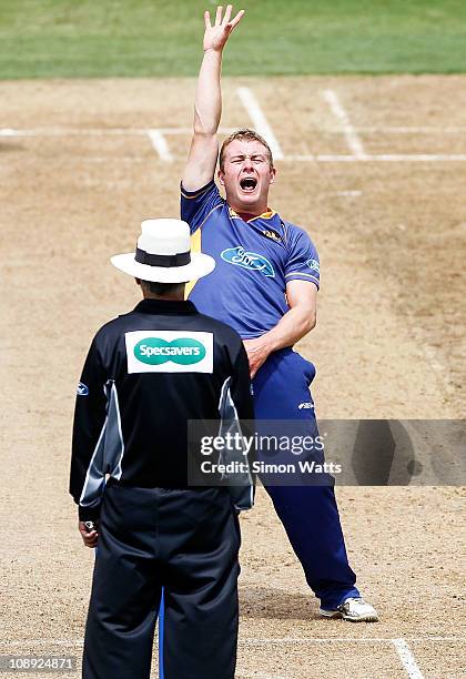 Nick Beard of the Volts appeals for a wicket during the one day semi final match between Auckland and Otago at Colin Maiden Park on February 9, 2011...