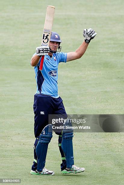 Tim McIntosh of the Aces celebrates his century during the one day semi final match between Auckland and Otago at Colin Maiden Park on February 9,...