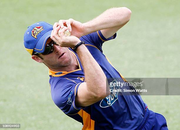 Aaron Redmond of the Volts takes a catch in the outfield during the one day semi final match between Auckland and Otago at Colin Maiden Park on...