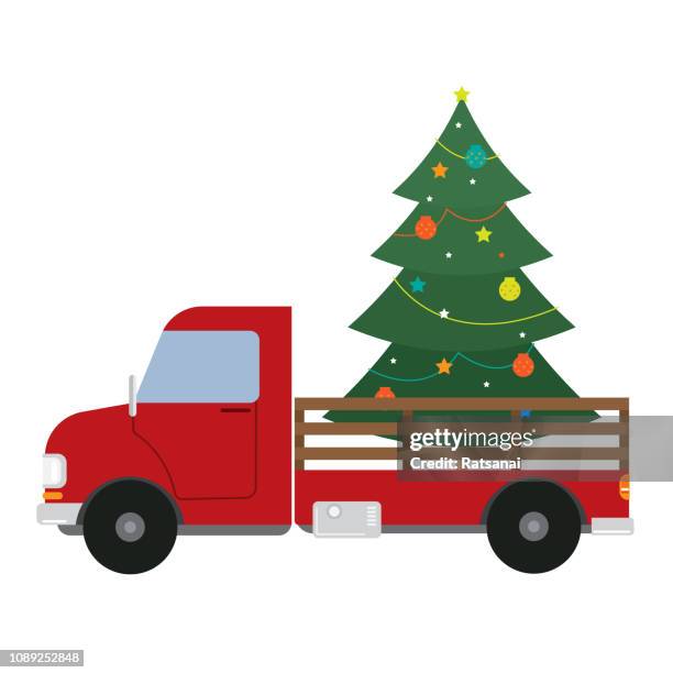 bildbanksillustrationer, clip art samt tecknat material och ikoner med lastbil julgran - christmas truck