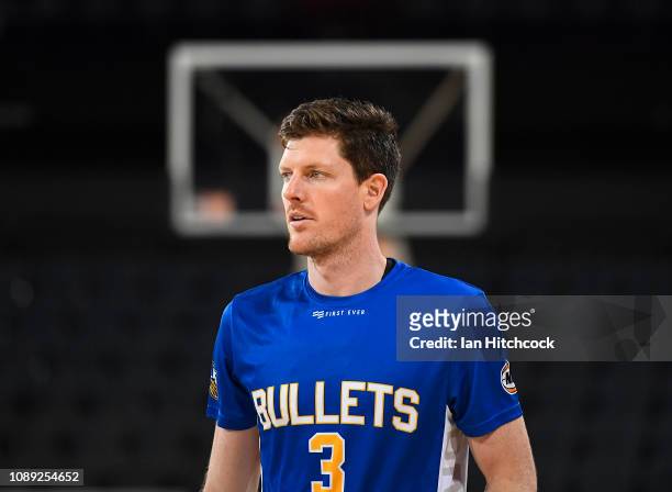 Cameron Gliddon of the Bullets warms up before the start of the round 12 NBL match between the Cairns Taipans and the Brisbane Bullets at Cairns...