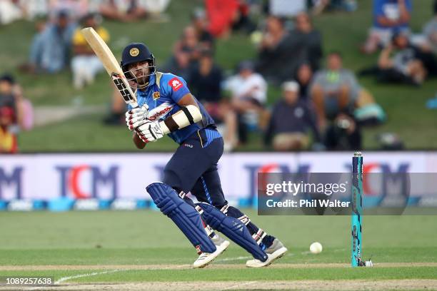 Kusal Mendis of Sri Lanka bats during the One Day International match between New Zealand and Sri Lanka at Bay Oval on January 03, 2019 in Mount...
