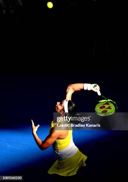 Anastasija Sevastova of Latvia serves in her match against Naomi Osaka of Japan during day five of the 2019 Brisbane International at Pat Rafter...