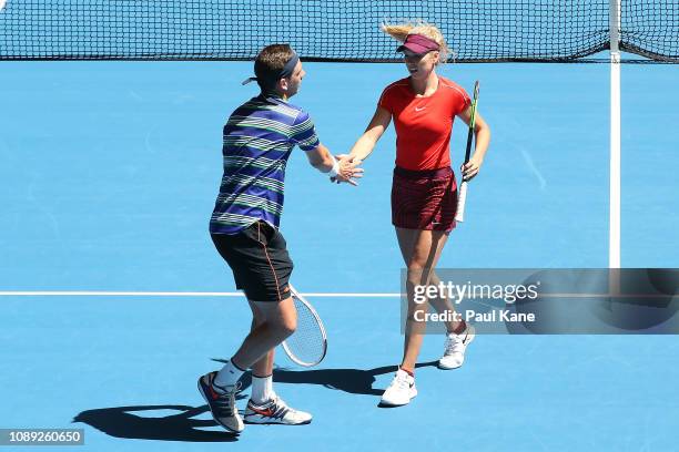 Katie Boulter and Cameron Norrie of Great Britain celebrate a point in the mixed doubles match against Frances Tiafoe and Serena Williams of the...