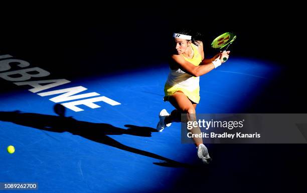 Anastasija Sevastova of Latvia plays a backhand in her match against Naomi Osaka of Japan during day five of the 2019 Brisbane International at Pat...