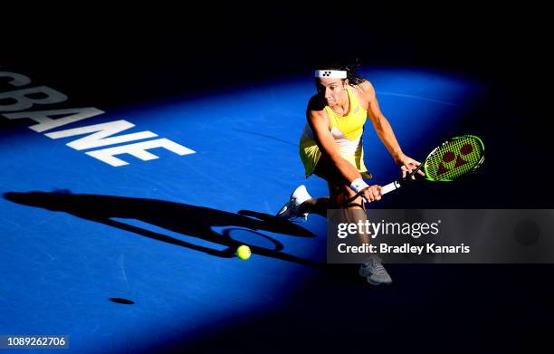 Anastasija Sevastova of Latvia plays a backhand in her match against Naomi Osaka of Japan during day five of the 2019 Brisbane International at Pat...