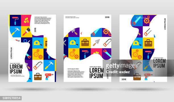 illustrazioni stock, clip art, cartoni animati e icone di tendenza di progettazione della copertina con set di icone strumenti di costruzione - poster