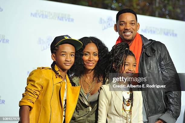 Actor Jaden Smith, Willow Smith, Will Smith, and Jada Pinkett Smith arrive at the premiere of Paramount Pictures' "Justin Bieber: Never Say Never"...