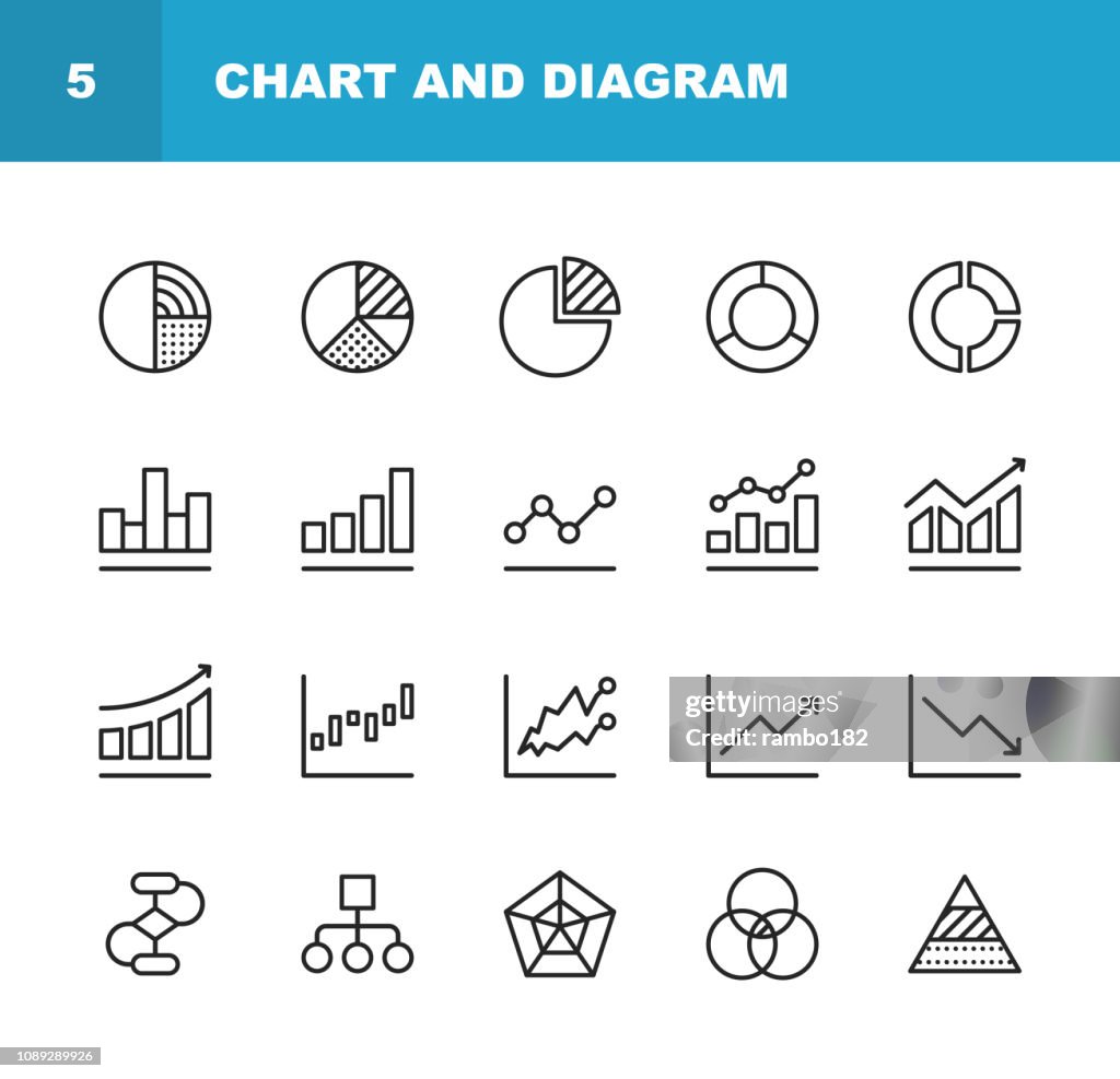 Tabla e iconos de línea de diagrama. Movimiento editable. Pixel Perfect. Para Web y móvil. Contiene iconos como gráfico, datos de mercado de valores, organigrama, informe, gráfico de barras.