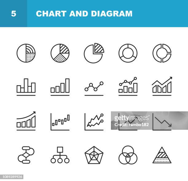 chart and diagram line icons. editable stroke. pixel perfect. for mobile and web. contains such icons as pie chart, stock market data, organizational chart, progress report, bar graph. - financiën stock illustrations